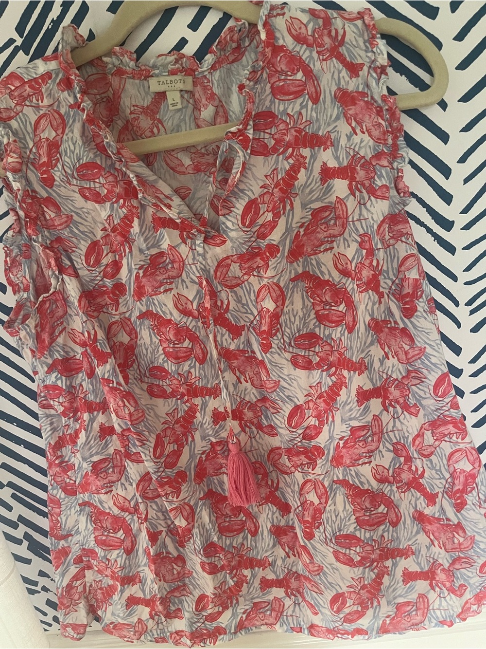Talbots Coral and Light Blue Lobster-Print Blouse